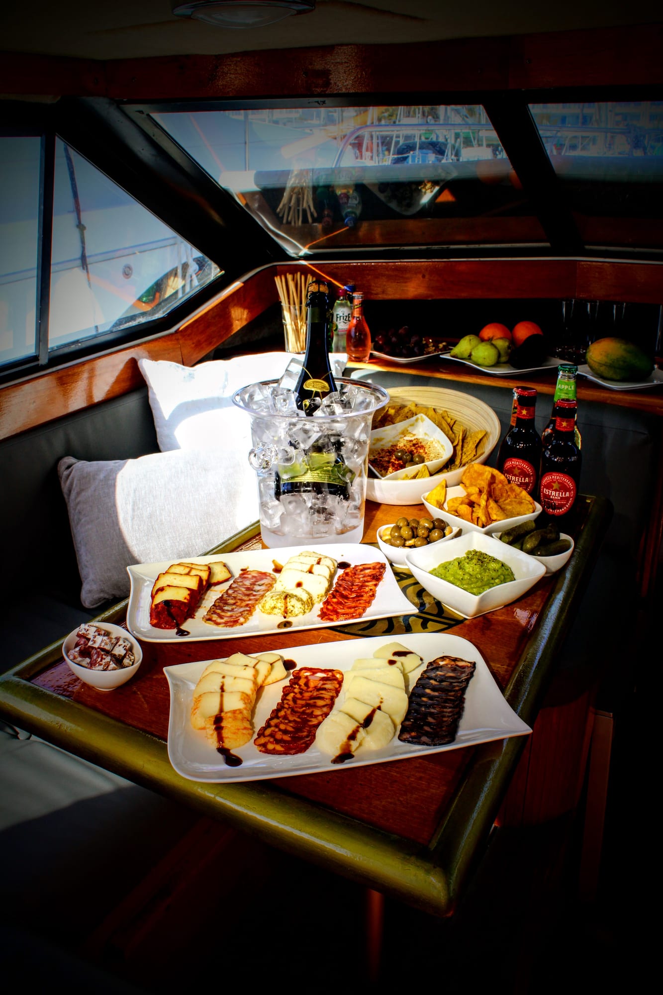 Included lunch buffet spread with charcuterie cheese hummus and guacamole onboard Poseidon Private Charters in Lagos Portugal